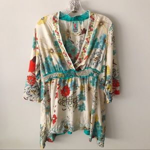 Johnny Was Silk V Neck Embroidered Blouse M